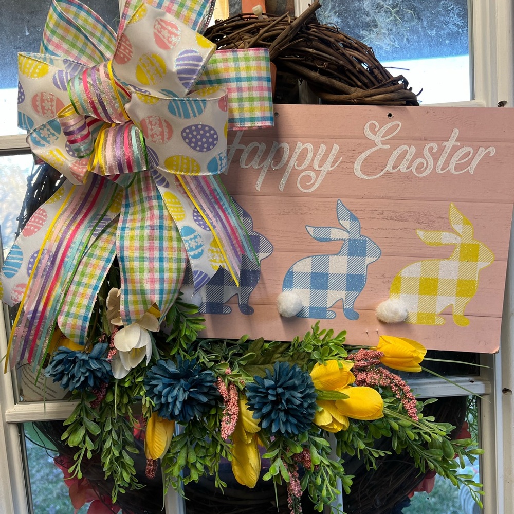 Blue and Yellow Happy Easter holiday Wreath with Tulips and Bunnies